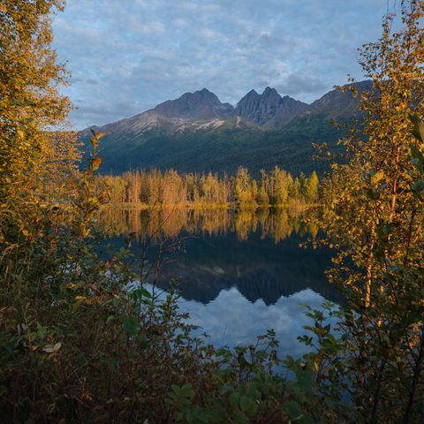 Jagged mountains and golden autumn trees reflected in a still lake, framed by foreground branches.