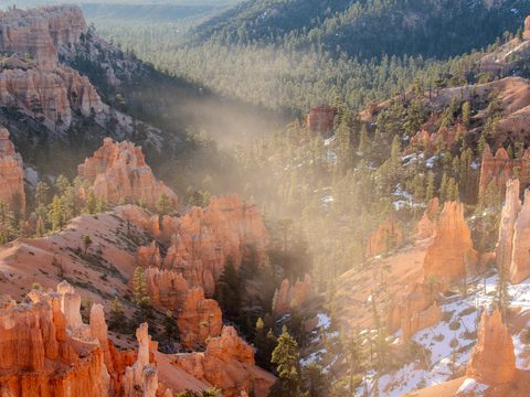 Orange sandstone hoodoos of Bryce Canyon with drifting mist and patches of snow, lit by low sunrise light.