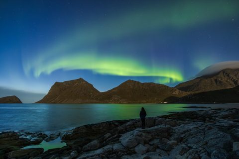 A green aurora arcing over rugged mountains and a calm bay, with a lone figure standing on the rocky shore in the foreground.